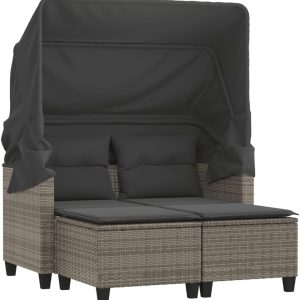 vidaXL Gartensofa 2-Sitzer mit Dach Hockern, Outdoor Sofa Gartenmöbel, Garten Lounge Set Terrasse, Terrassenmöbel Zweisitzer, Grau Poly Rattan