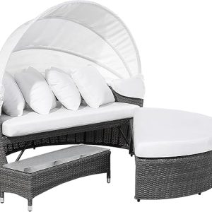 Beliani Sonneninsel Rattan grau Sonnendach cremeweiß Sylt LUX