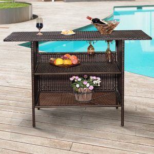 COSTWAY Gartentisch »Gartenbar, Rattan Bartisch, Gartenmöbel, Terrassentisch«, mit 2 Ablageflächen und Weinschienen, 140 x 47 x 92cm